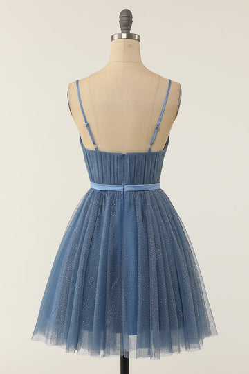 Une ligne Bretelles Spaghetti Robe De Cocktail Courte Bleu Gris